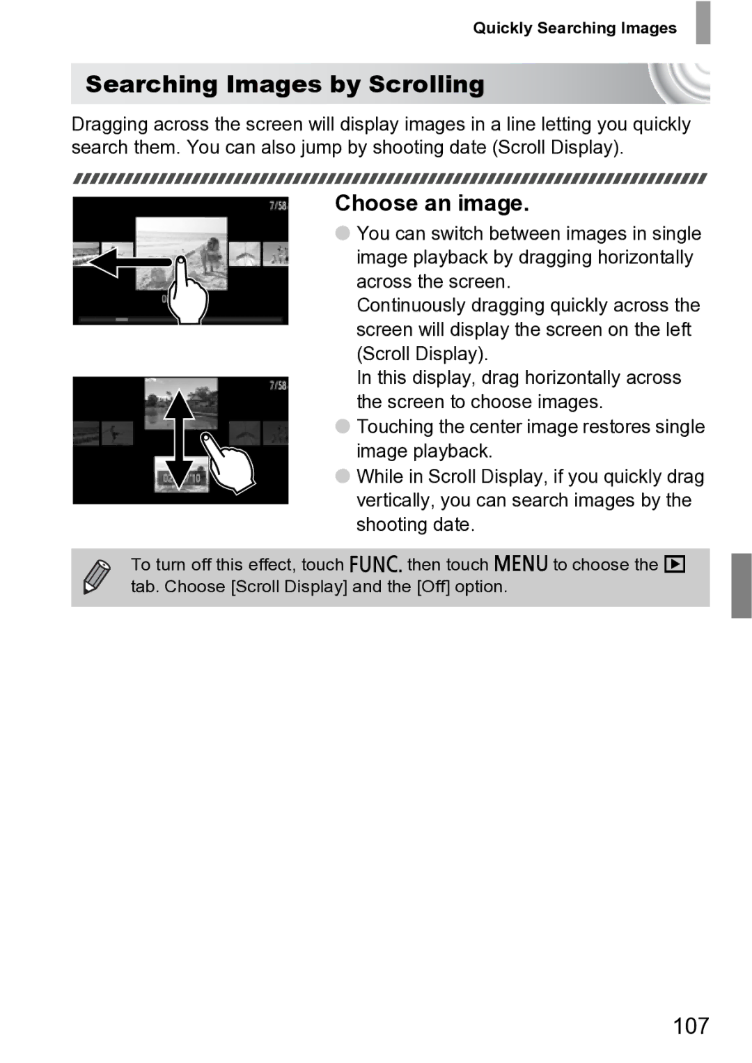 Canon 210 manual Searching Images by Scrolling, 107, Quickly Searching Images 