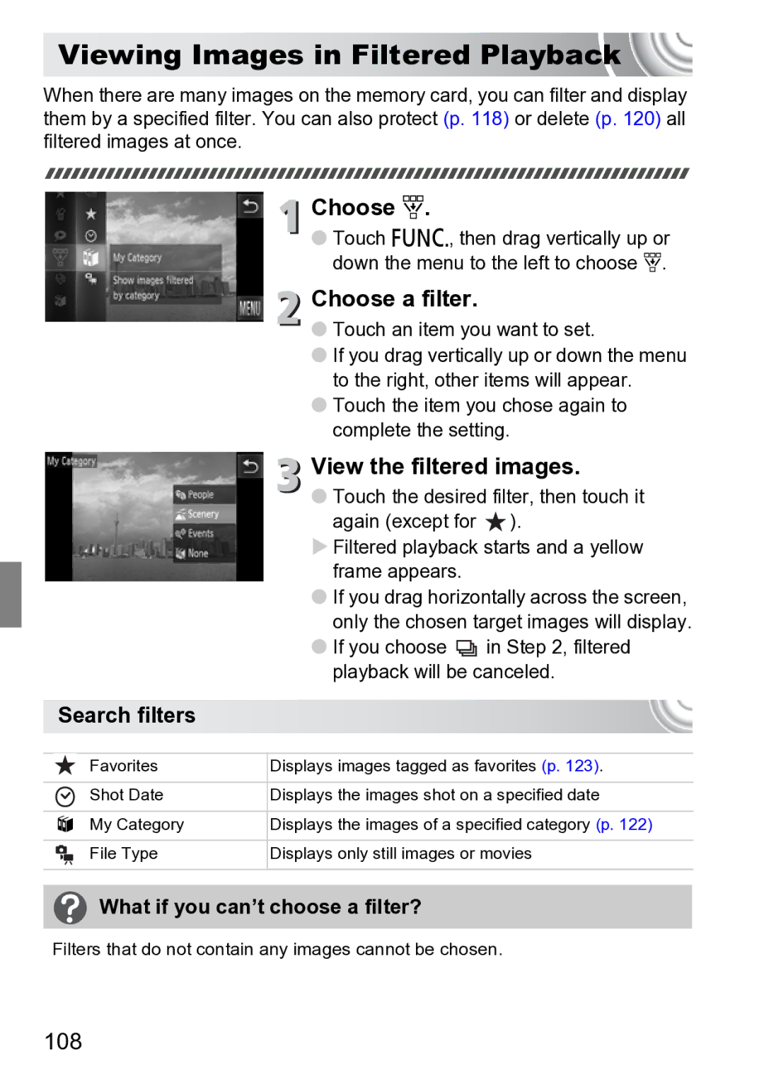 Canon 210 manual Viewing Images in Filtered Playback, Choose ‚, Choose a filter, View the filtered images, 108 