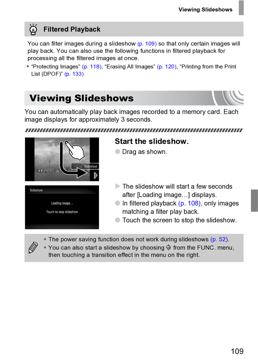 Canon 210 manual Viewing Slideshows, Start the slideshow, 109, Filtered Playback, Drag as shown 