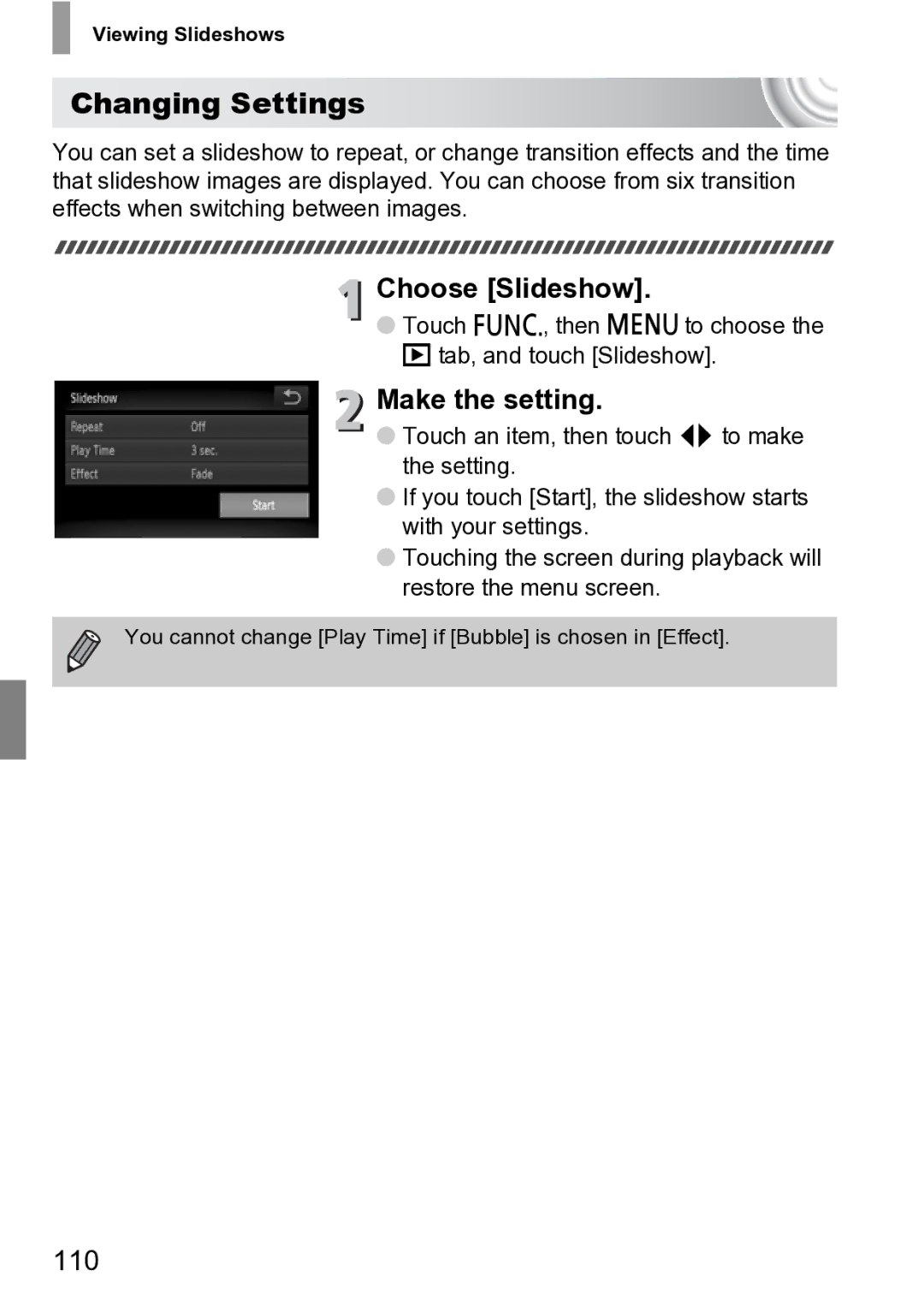 Canon 210 manual Changing Settings, Choose Slideshow, Make the setting, 110 