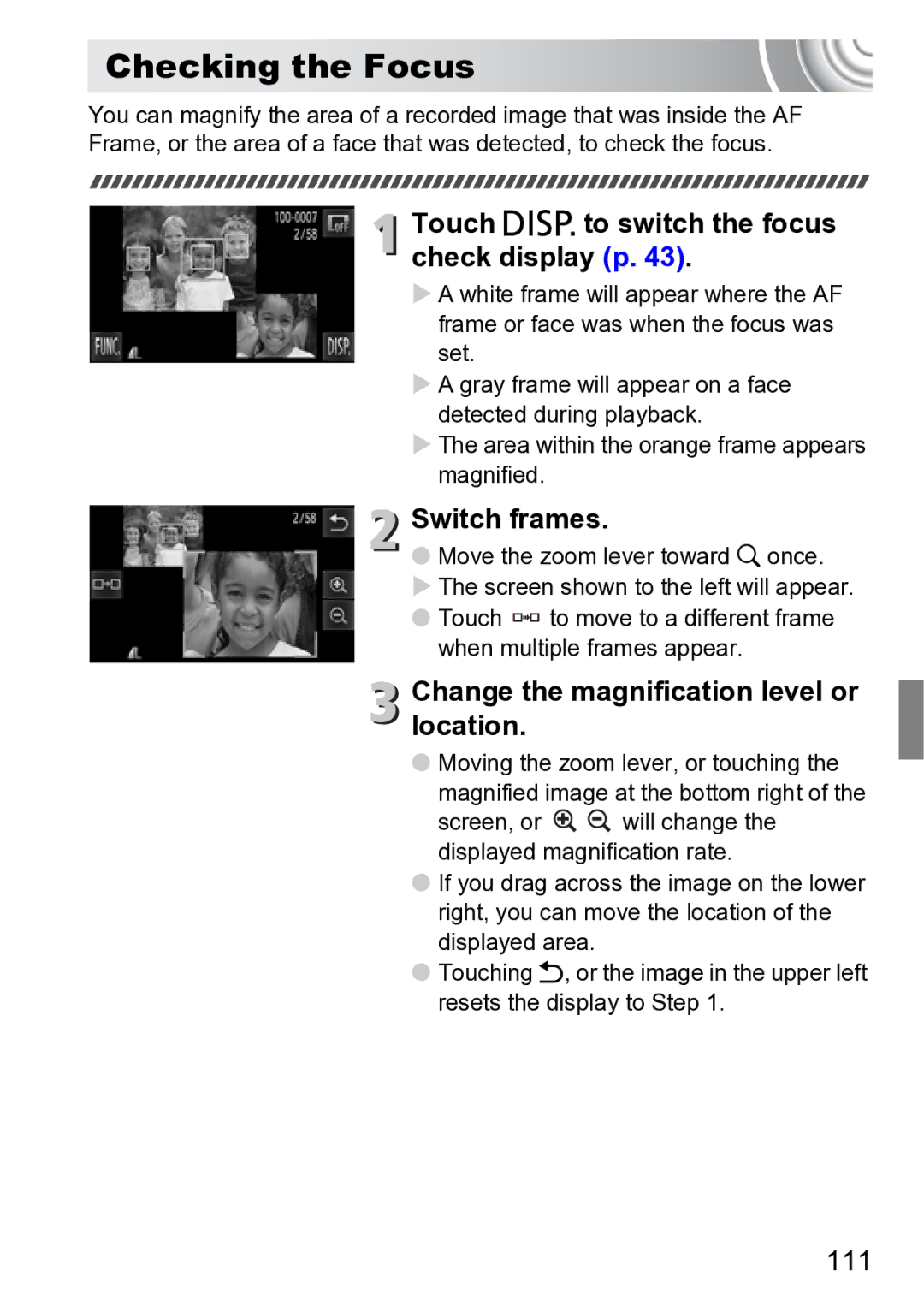 Canon 210 manual Checking the Focus, Touch l to switch the focus check display p, Switch frames, 111 