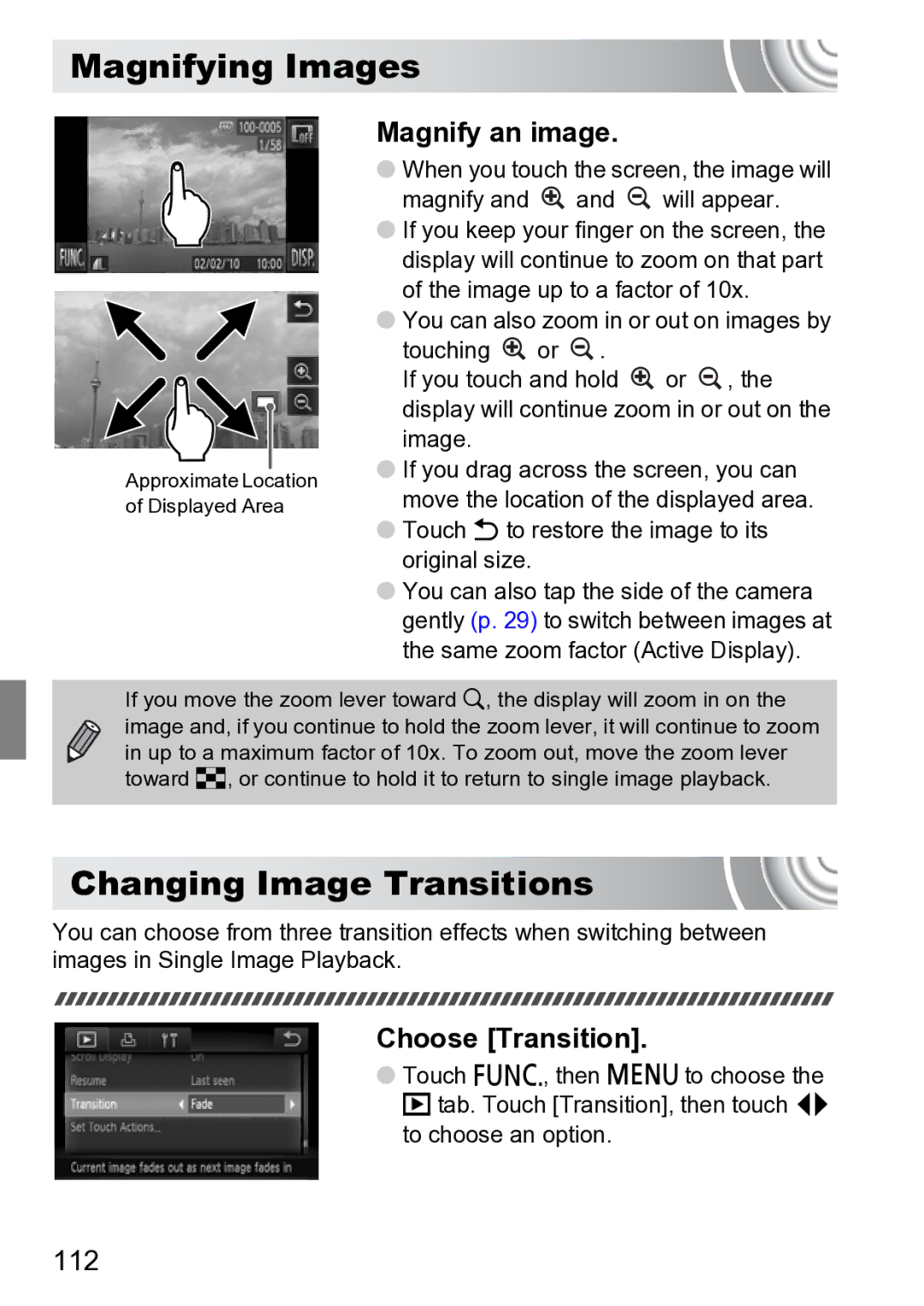 Canon 210 manual Magnifying Images, Changing Image Transitions, Magnify an image, Choose Transition, 112 