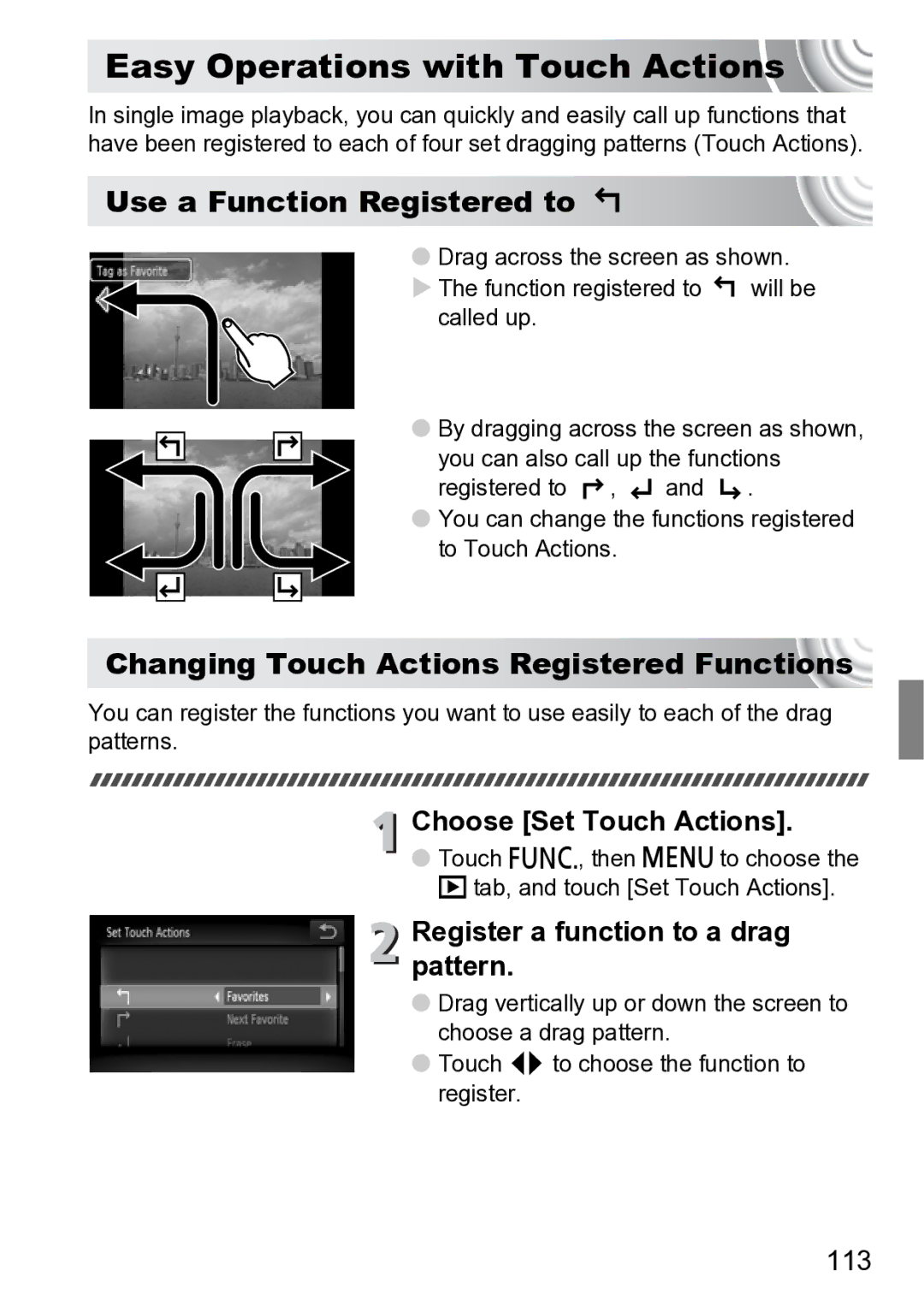 Canon 210 Easy Operations with Touch Actions, Use a Function Registered to, Changing Touch Actions Registered Functions 