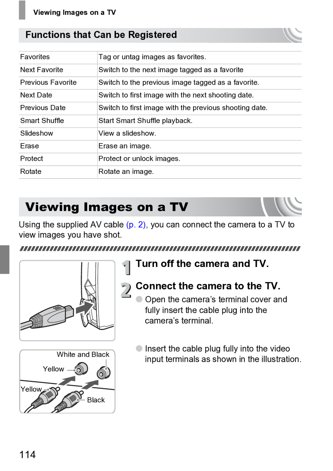 Canon 210 manual Viewing Images on a TV, Turn off the camera and TV. Connect the camera to the TV, 114 