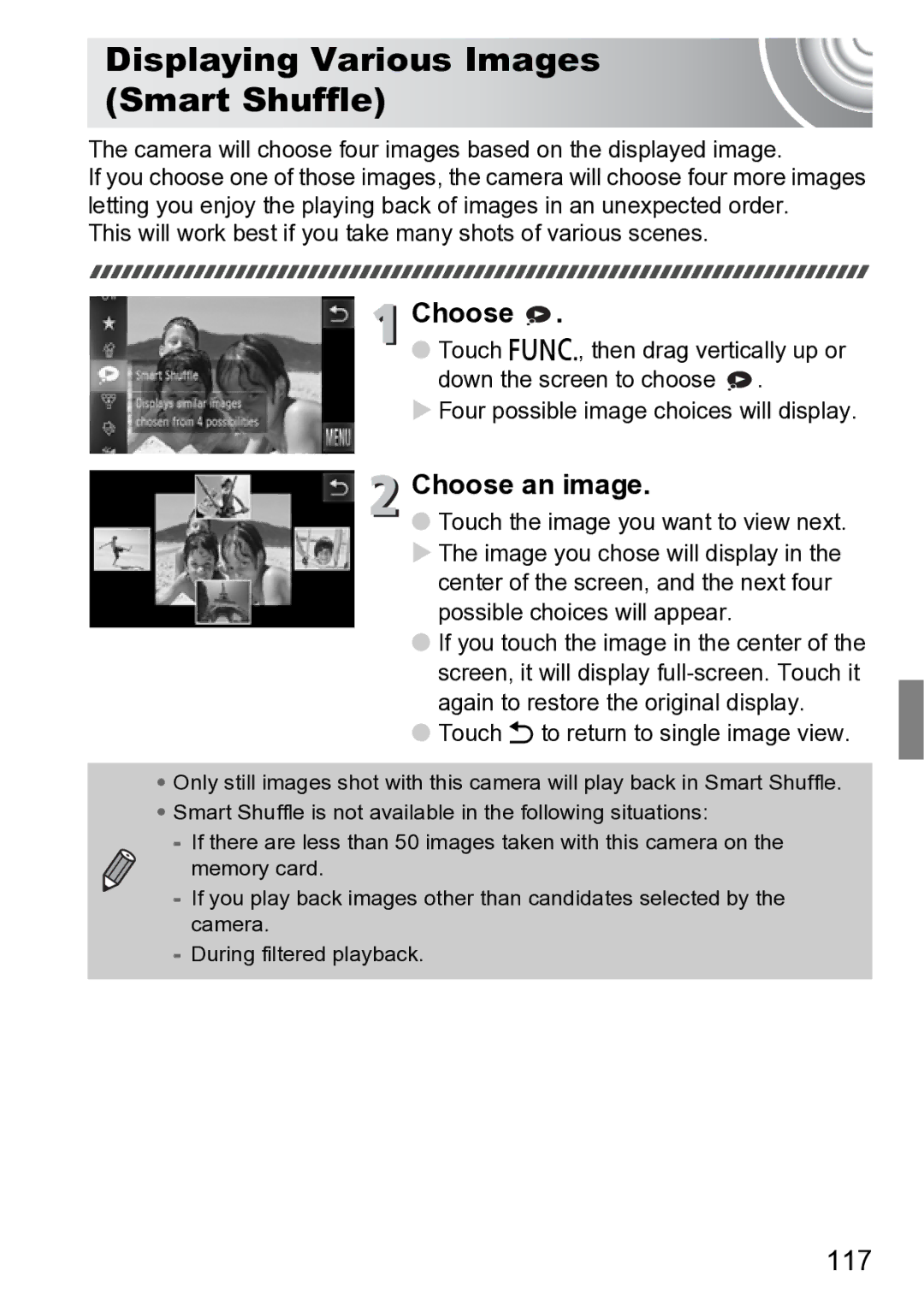 Canon 210 manual Displaying Various Images Smart Shuffle, 117, Camera will choose four images based on the displayed image 