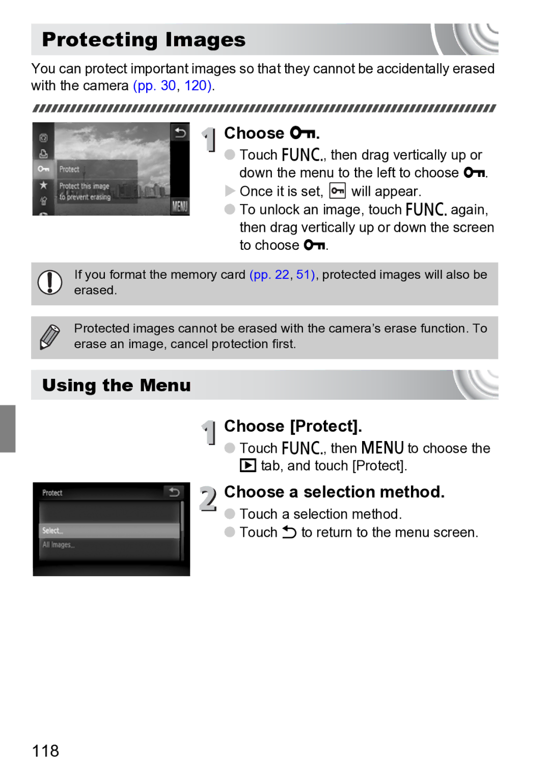 Canon 210 manual Protecting Images, Using the Menu, Choose Protect, Choose a selection method, 118 