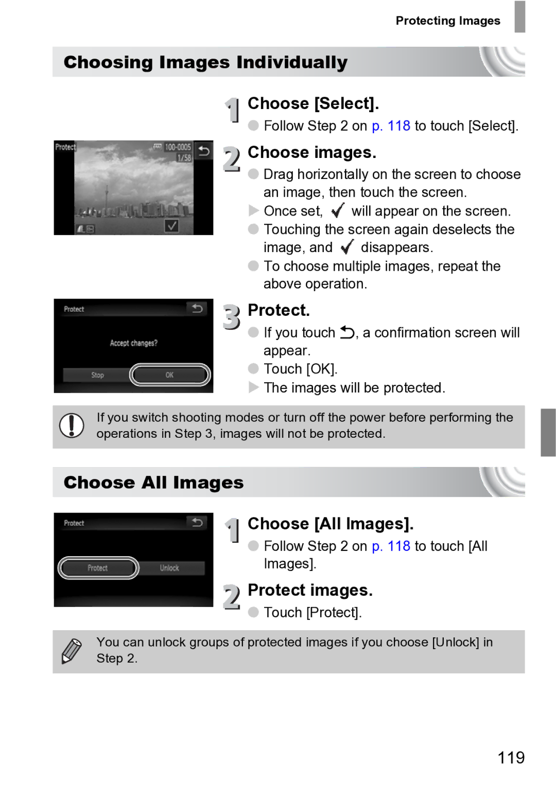 Canon 210 manual Choosing Images Individually, Choose All Images 