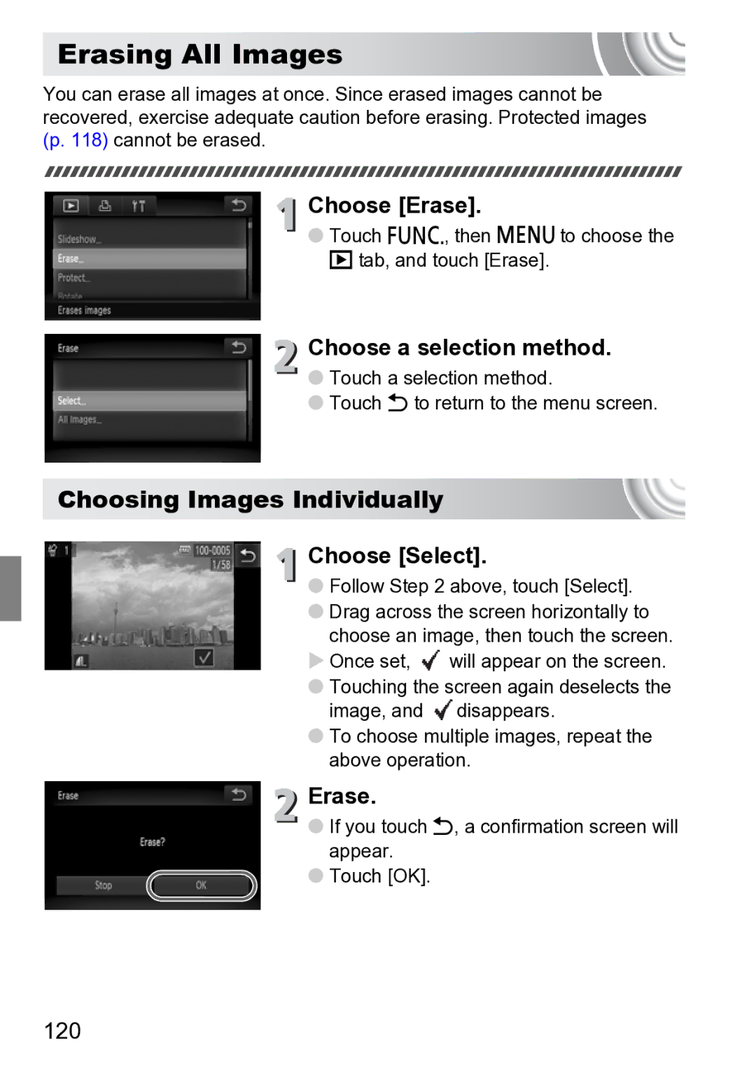 Canon 210 manual Erasing All Images, Choose Erase, 120 