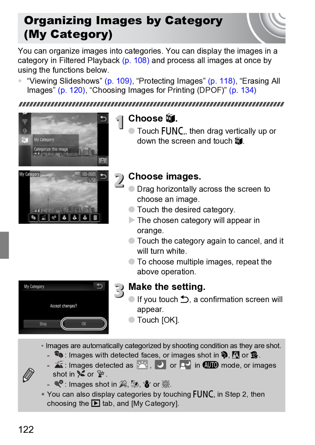 Canon 210 manual Organizing Images by Category My Category, 122 