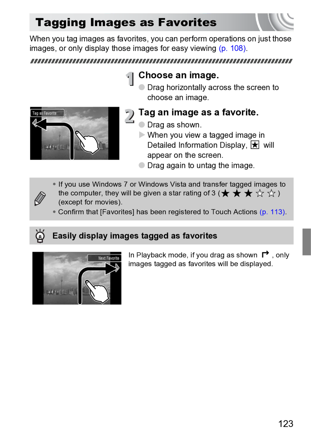 Canon 210 manual Tagging Images as Favorites, Tag an image as a favorite, 123, Easily display images tagged as favorites 