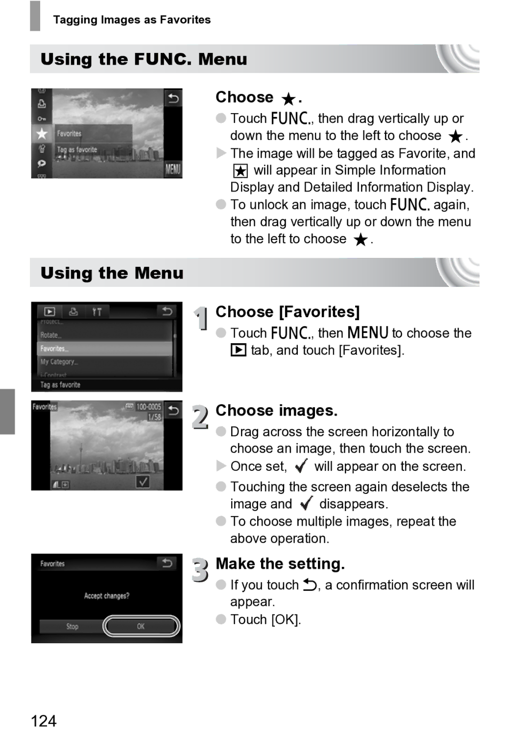 Canon 210 manual Using the FUNC. Menu, Choose Favorites, 124, Image will be tagged as Favorite 