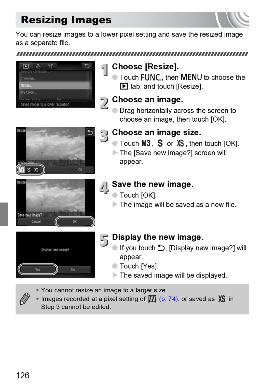 Canon 210 manual Resizing Images, Choose Resize, Choose an image size, Save the new image, Display the new image 