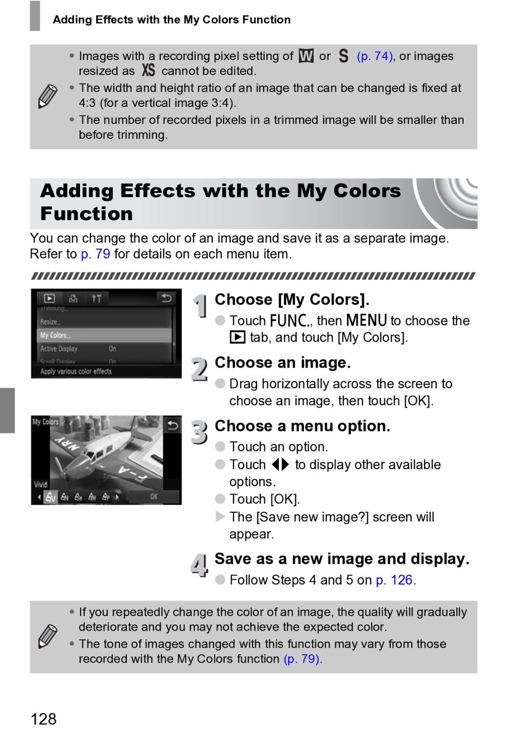 Canon 210 manual Adding Effects with the My Colors Function, Choose a menu option, 128 