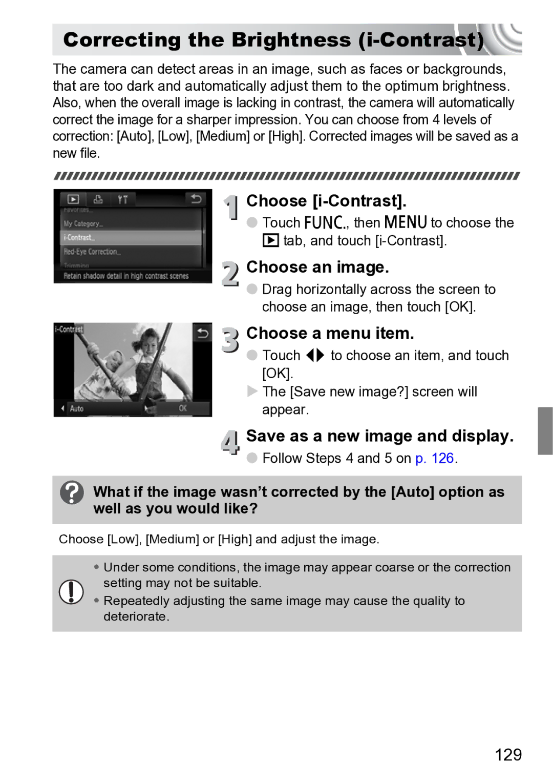 Canon 210 manual Correcting the Brightness i-Contrast, Choose a menu item, 129 