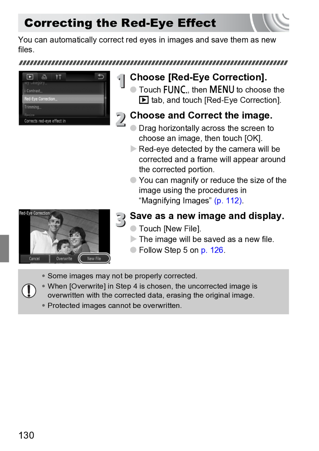 Canon 210 manual Correcting the Red-Eye Effect, Choose Red-Eye Correction, Choose and Correct the image, 130 