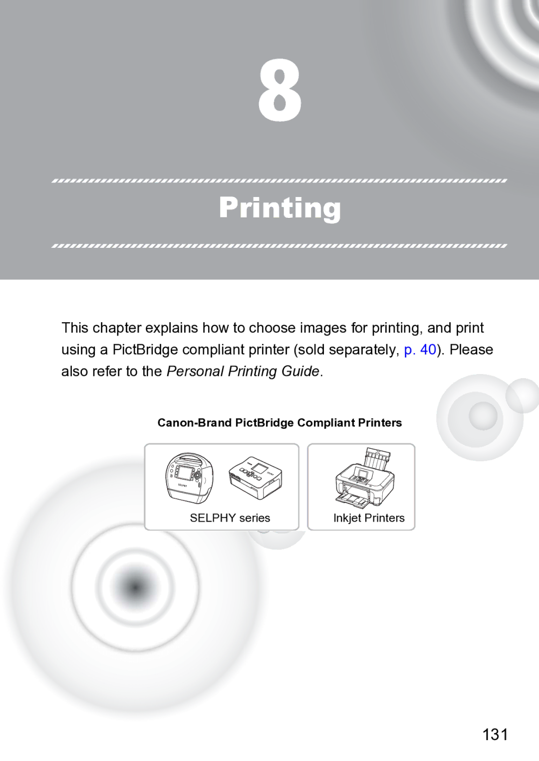 Canon 210 manual Printing, 131 