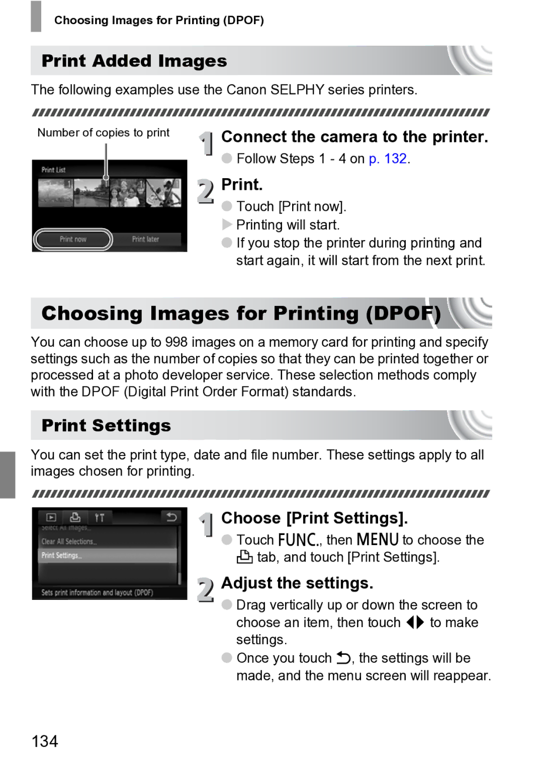 Canon 210 manual Choosing Images for Printing Dpof, Print Added Images, Print Settings 