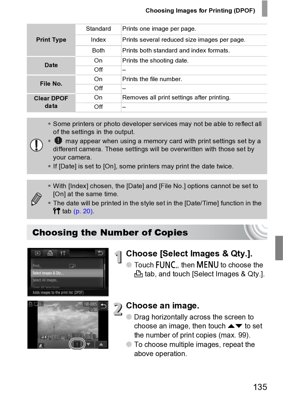 Canon 210 manual Choosing the Number of Copies, Choose Select Images & Qty, 135 