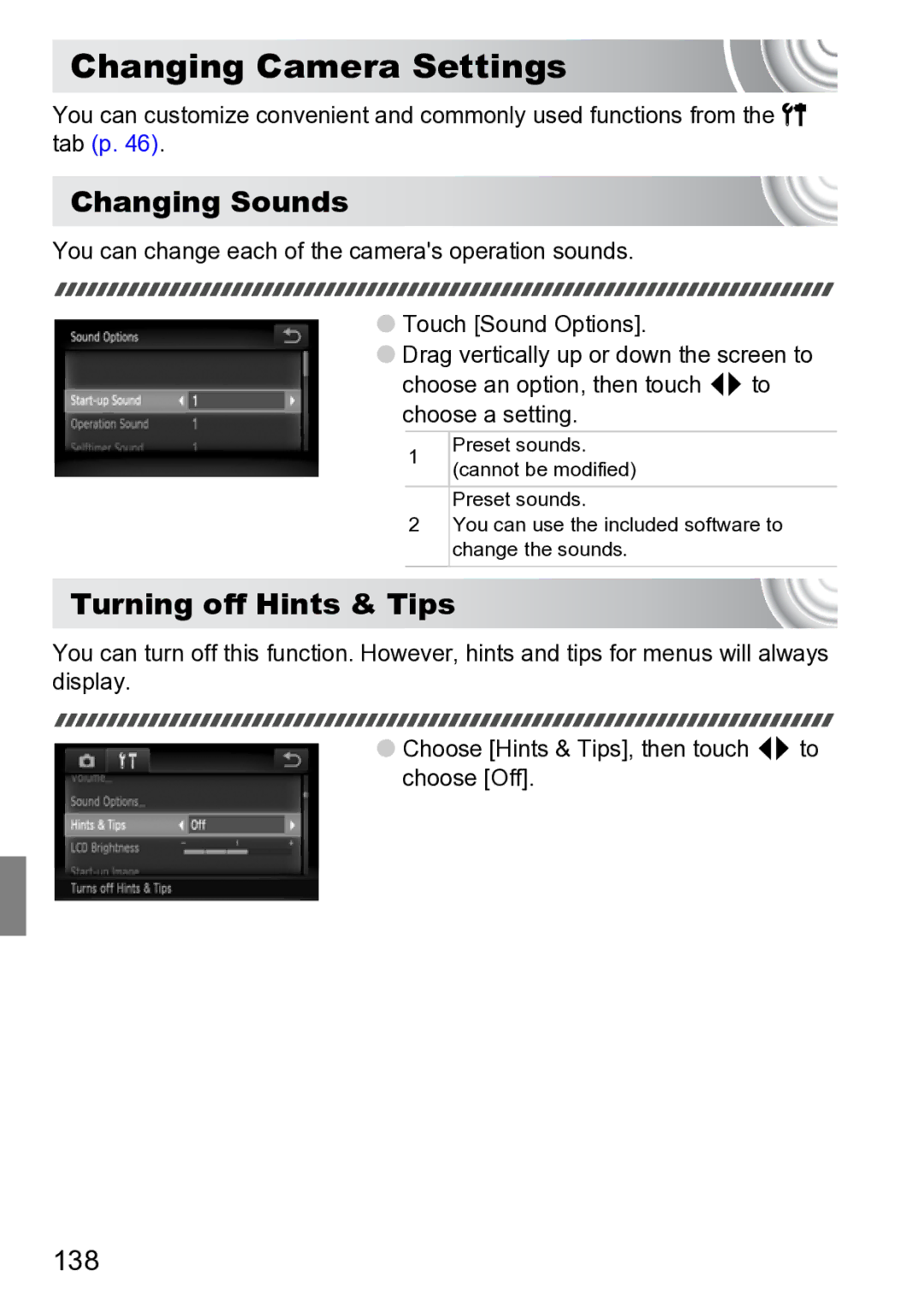 Canon 210 manual Changing Camera Settings, Changing Sounds, Turning off Hints & Tips, 138 