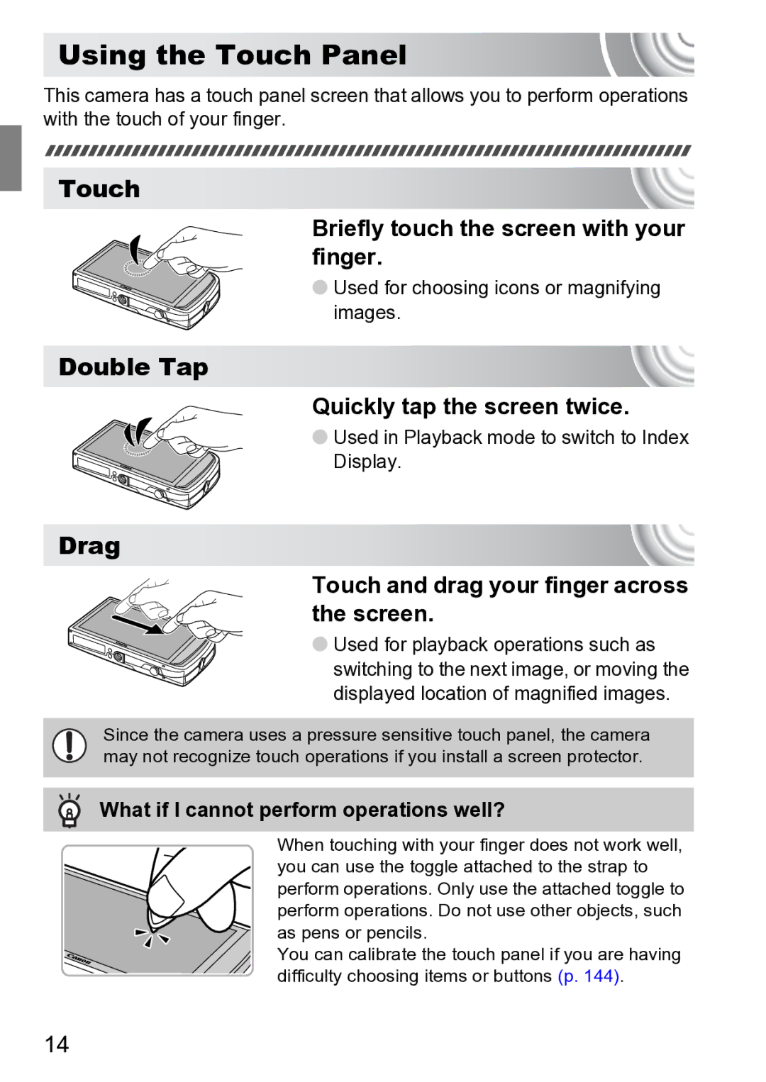 Canon 210 manual Using the Touch Panel, Double Tap, Drag 