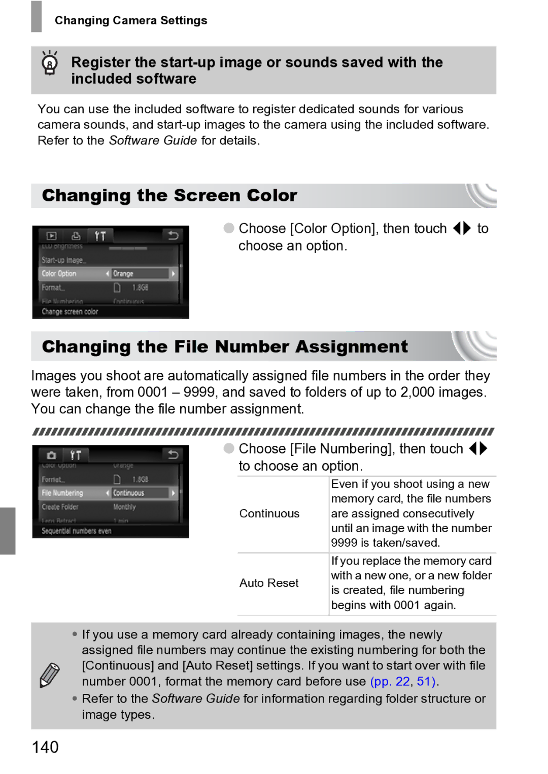 Canon 210 manual Changing the Screen Color, Changing the File Number Assignment, 140 