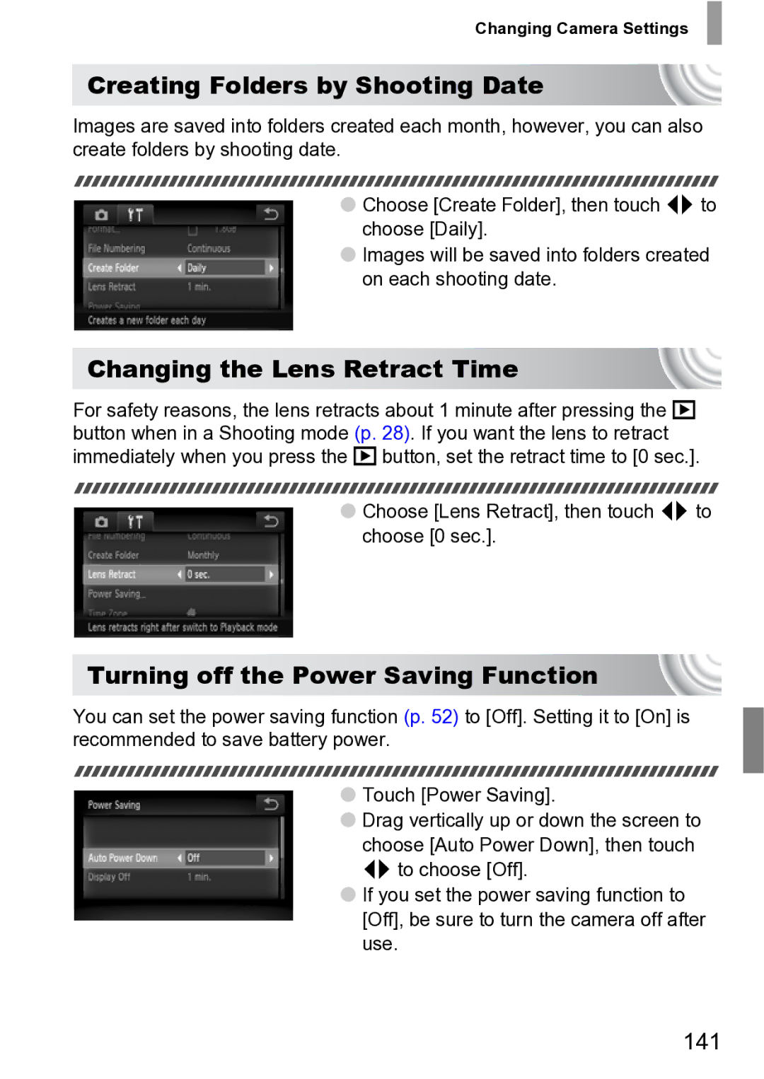 Canon 210 Creating Folders by Shooting Date, Changing the Lens Retract Time, Turning off the Power Saving Function, 141 