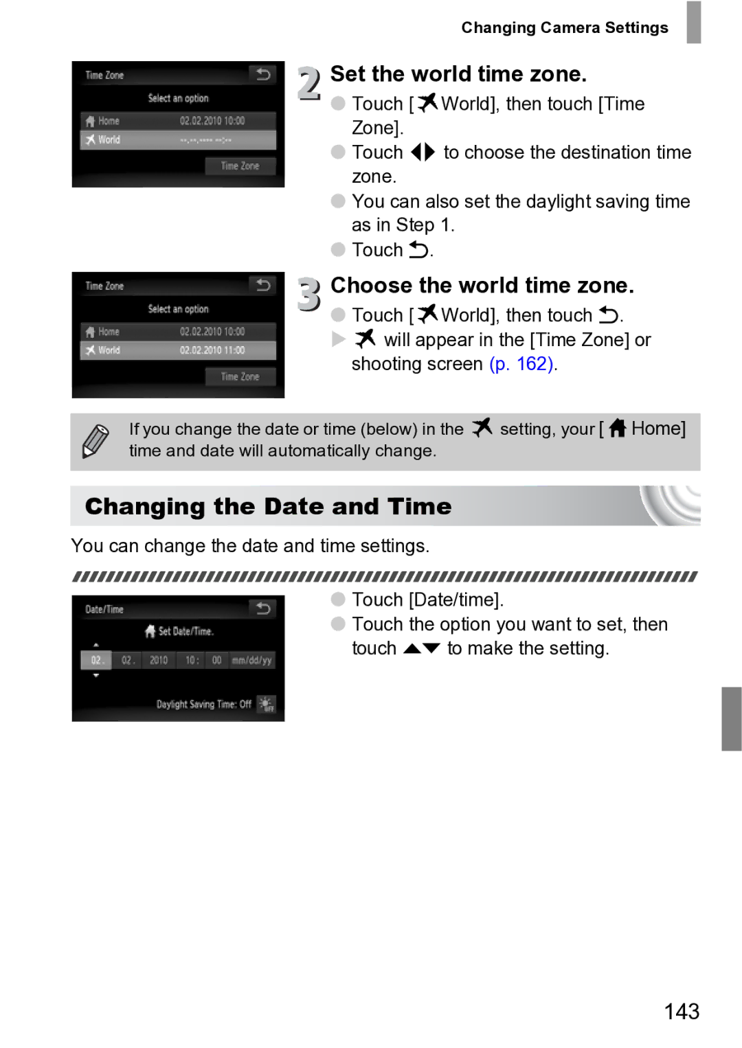 Canon 210 manual Changing the Date and Time, Set the world time zone, Choose the world time zone, 143 