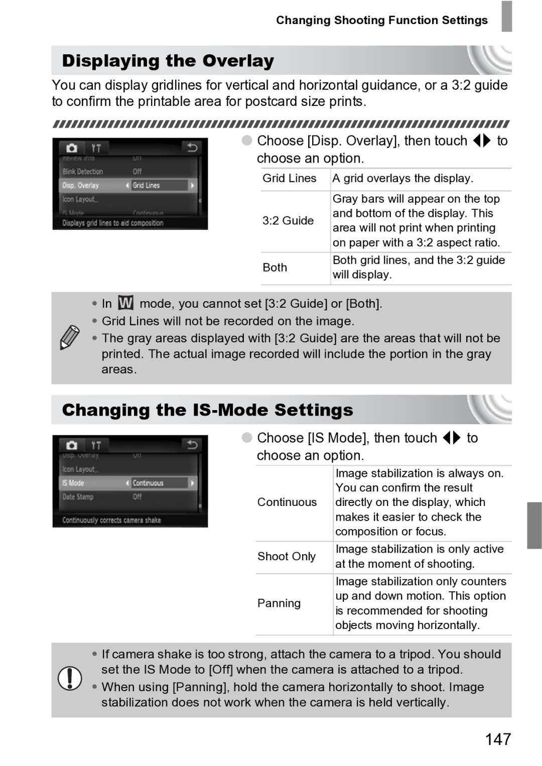 Canon 210 Displaying the Overlay, Changing the IS-Mode Settings, 147, Choose is Mode, then touch qr to choose an option 