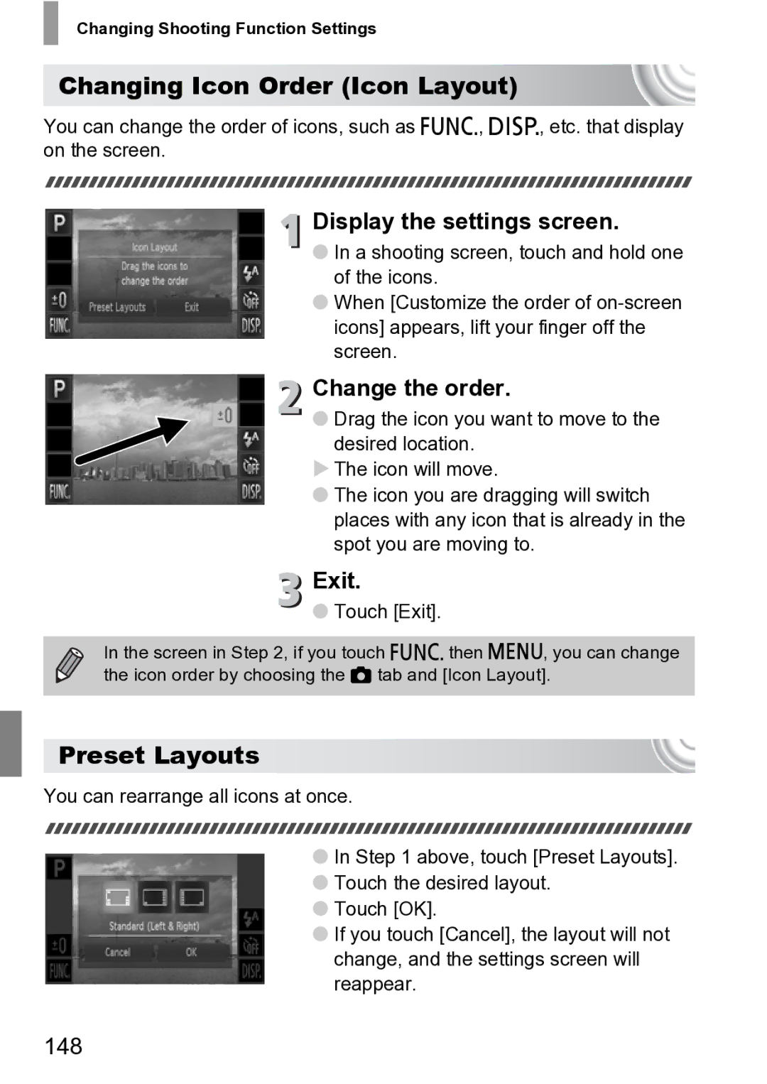 Canon 210 manual Changing Icon Order Icon Layout, Preset Layouts, Change the order, Exit, 148 