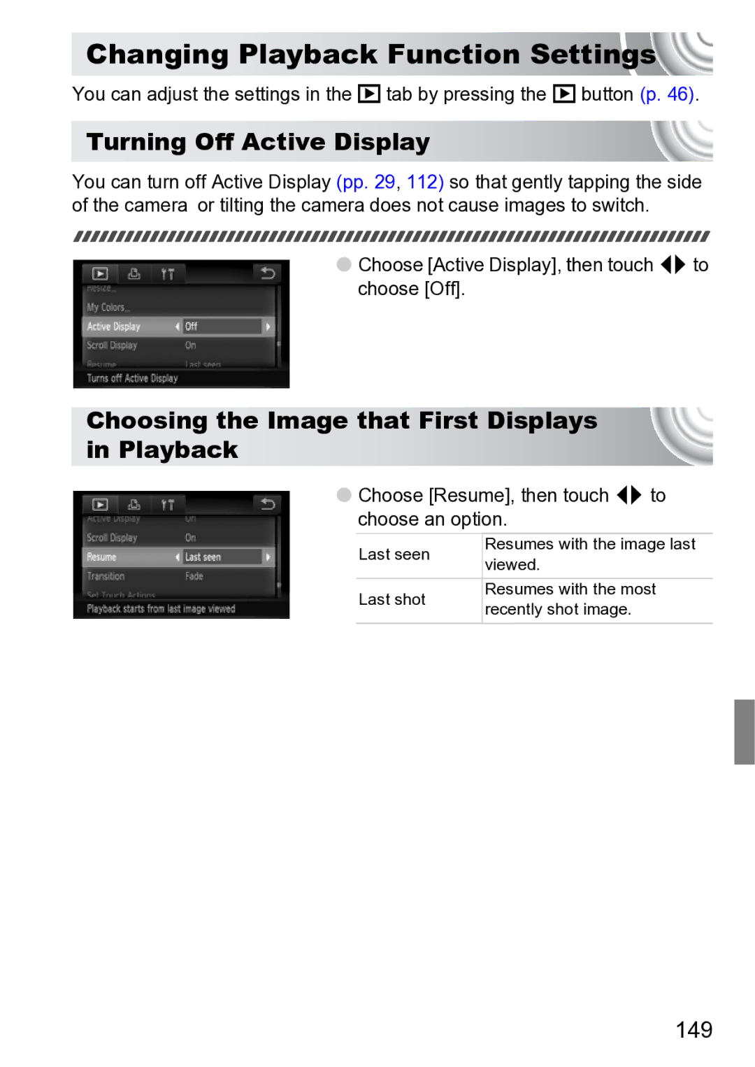 Canon 210 manual Changing Playback Function Settings, Turning Off Active Display, 149 