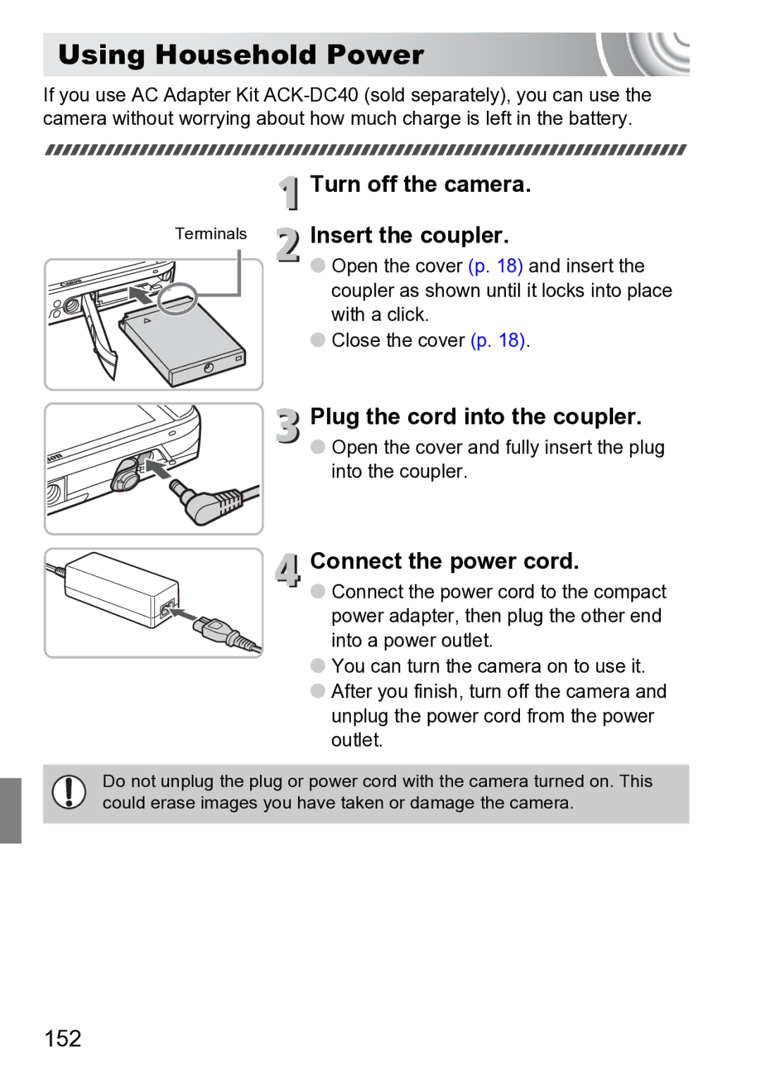 Canon 210 manual Using Household Power, Turn off the camera, Insert the coupler, Plug the cord into the coupler 