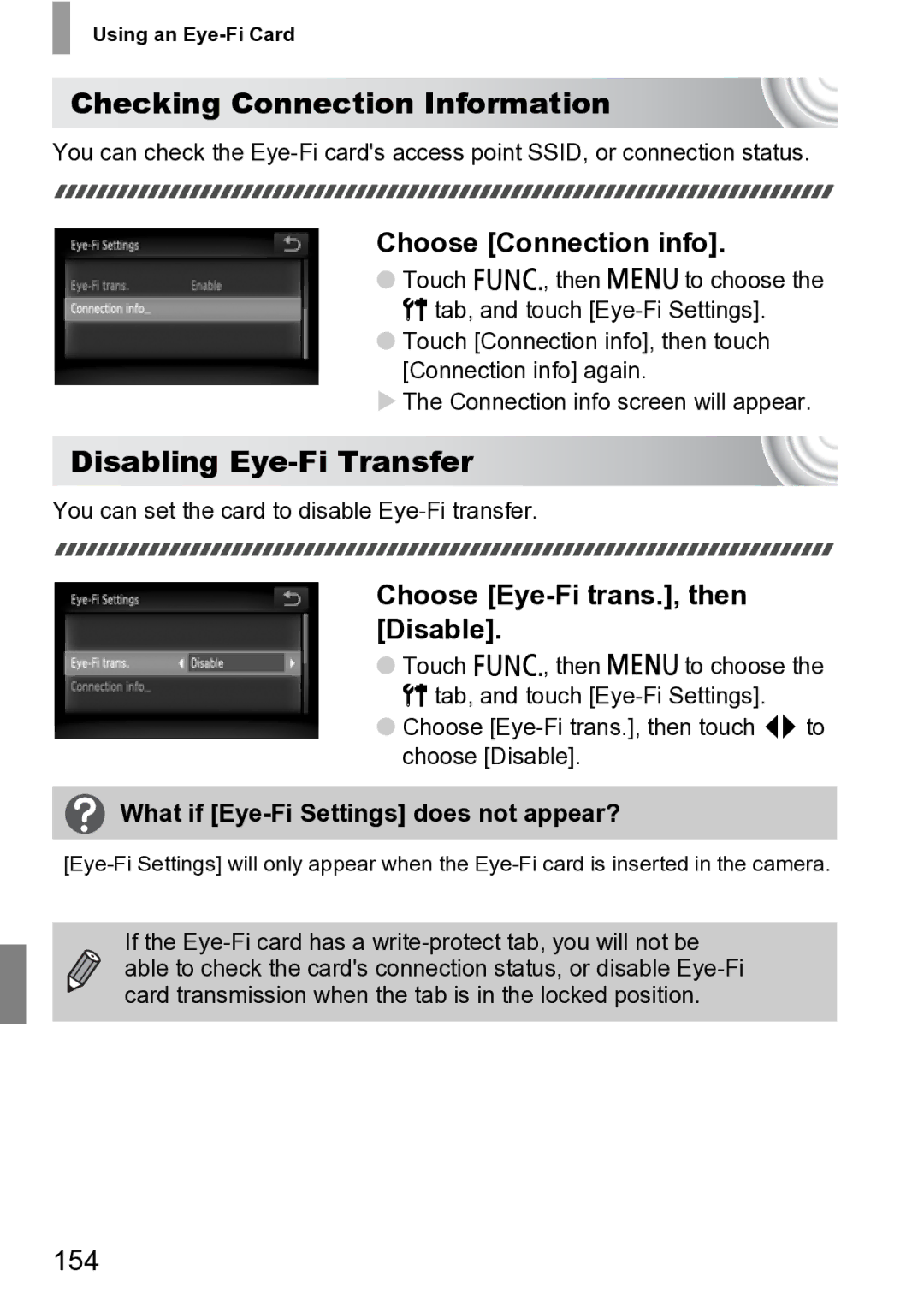 Canon 210 manual Checking Connection Information, Disabling Eye-Fi Transfer, Choose Connection info, 154 