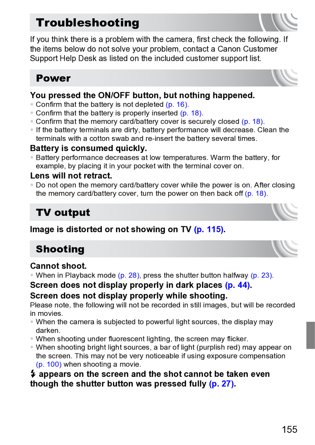 Canon 210 manual Troubleshooting, Power, TV output, Shooting, 155 