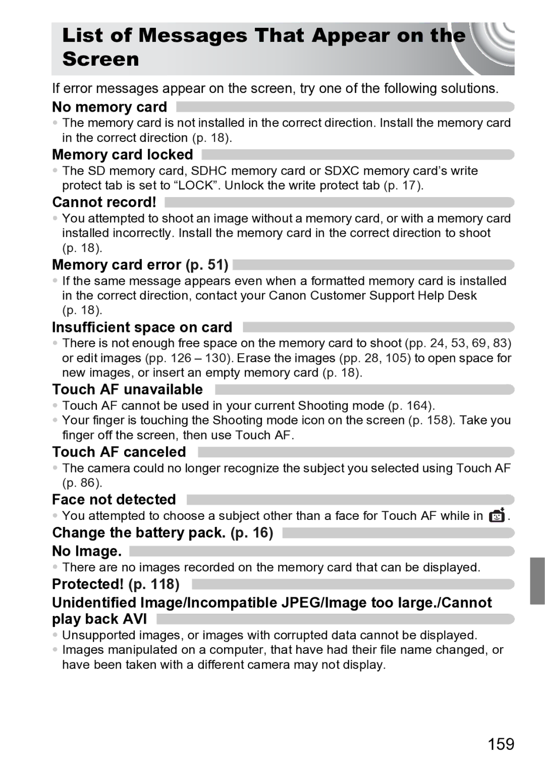 Canon 210 manual List of Messages That Appear on the Screen, 159 