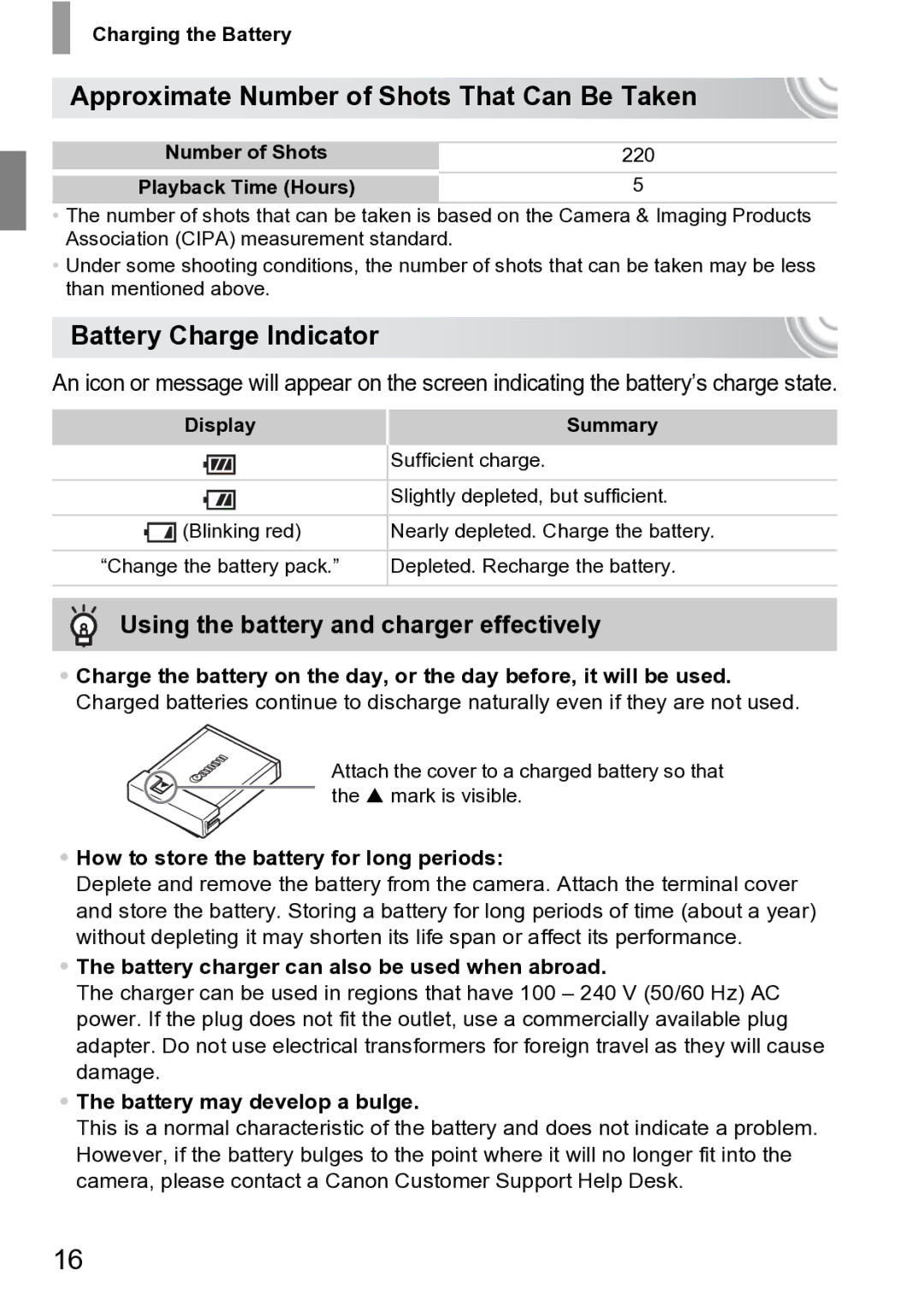 Canon 210 manual Approximate Number of Shots That Can Be Taken, Battery Charge Indicator 