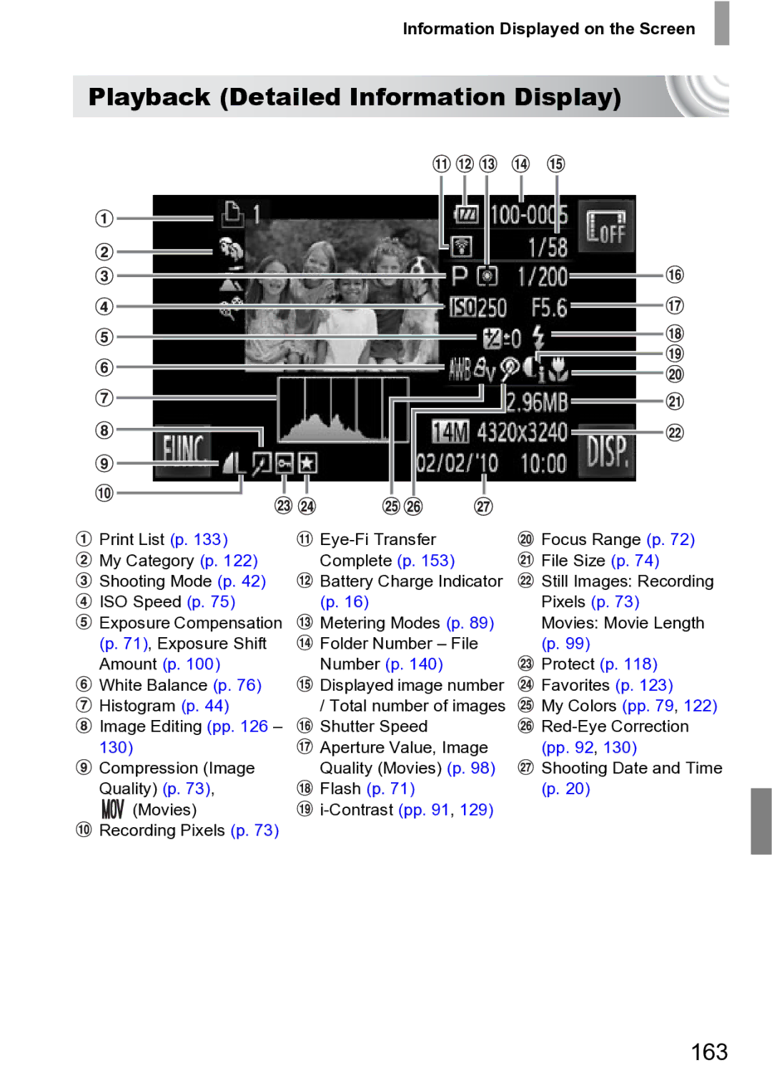 Canon 210 manual Playback Detailed Information Display, 163, Information Displayed on the Screen 