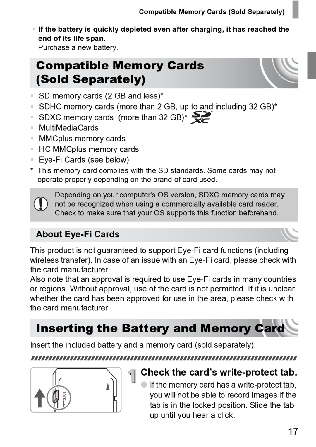 Canon 210 manual Compatible Memory Cards Sold Separately, Inserting the Battery and Memory Card, About Eye-Fi Cards 