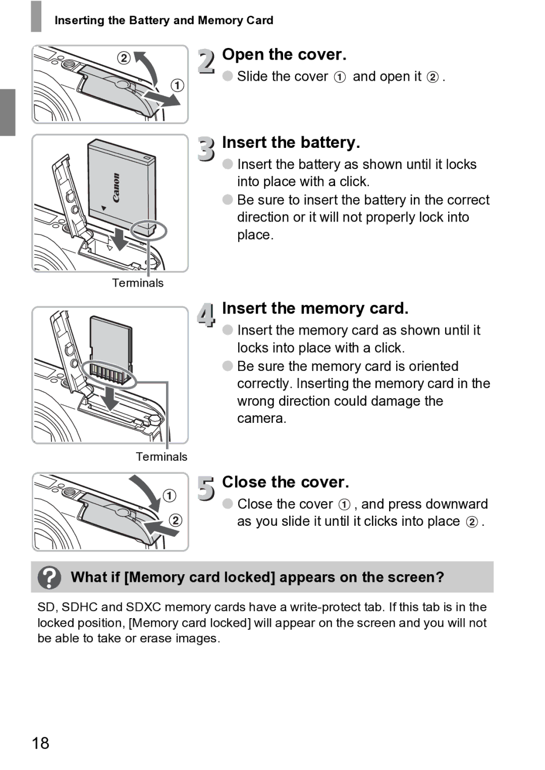 Canon 210 manual Open the cover, Insert the memory card, Close the cover, What if Memory card locked appears on the screen? 