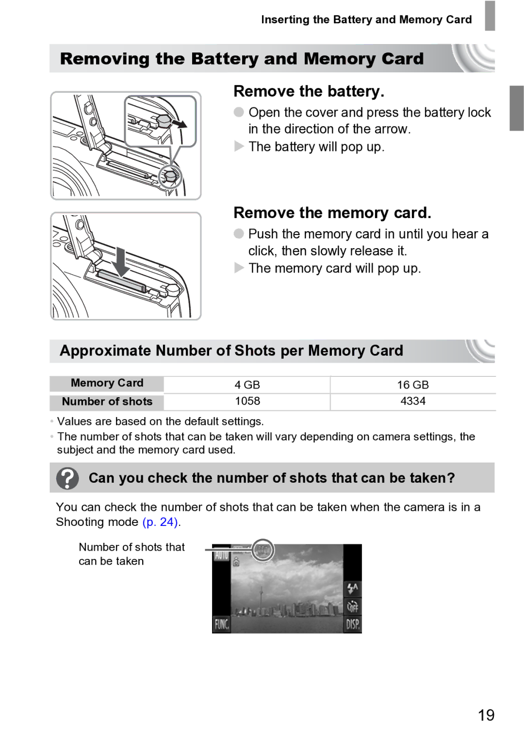 Canon 210 manual Removing the Battery and Memory Card, Remove the memory card, Approximate Number of Shots per Memory Card 