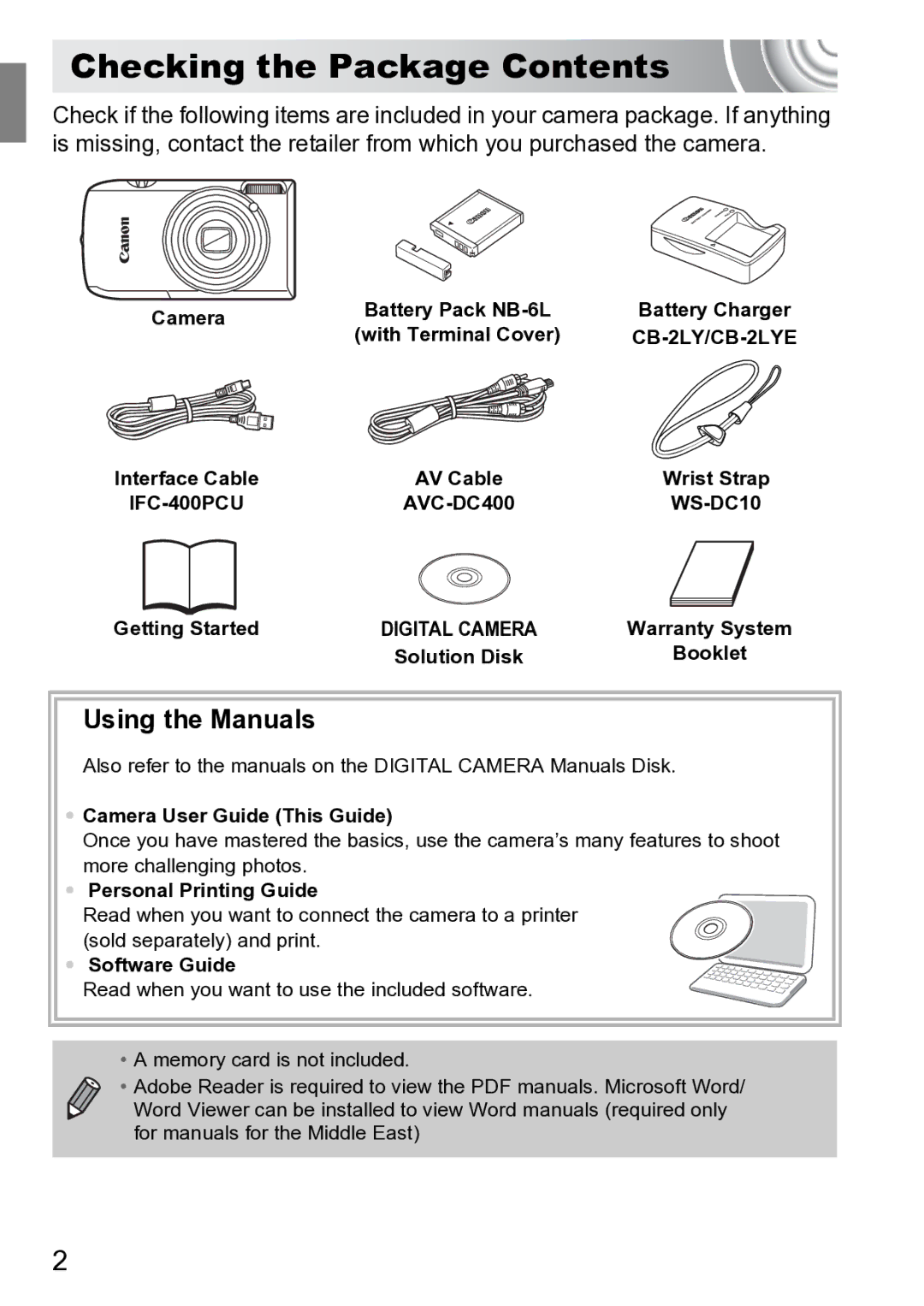 Canon 210 manual Checking the Package Contents 