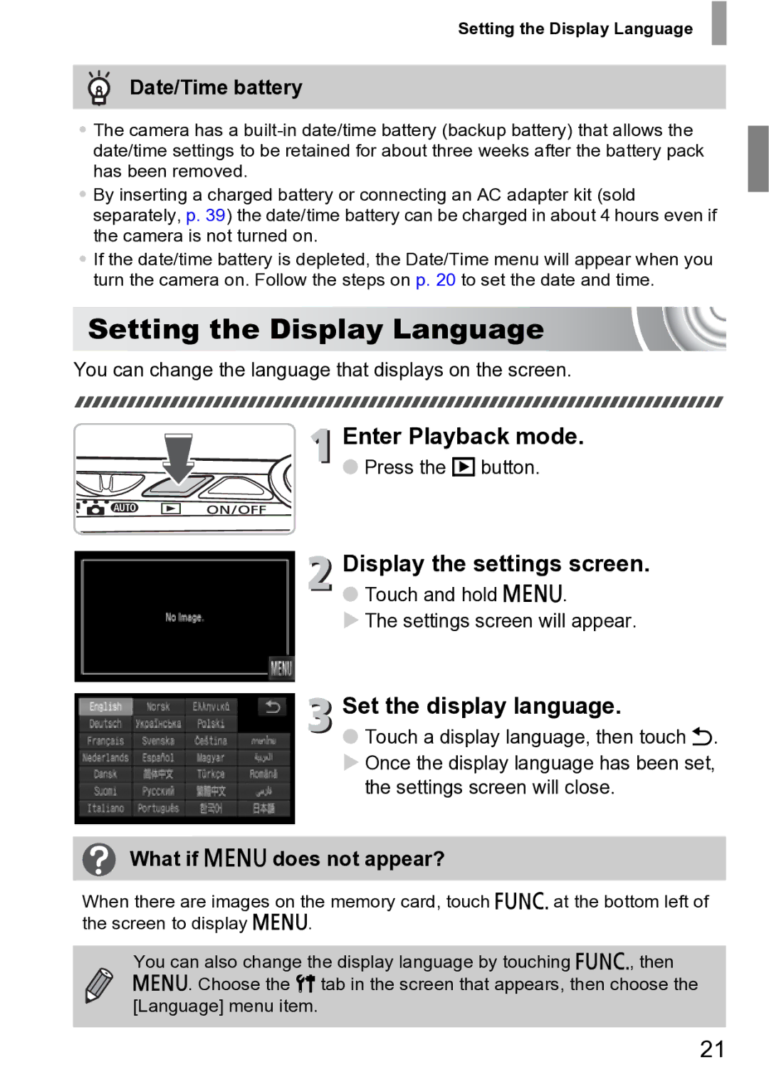 Canon 210 manual Setting the Display Language, Enter Playback mode, Display the settings screen, Set the display language 