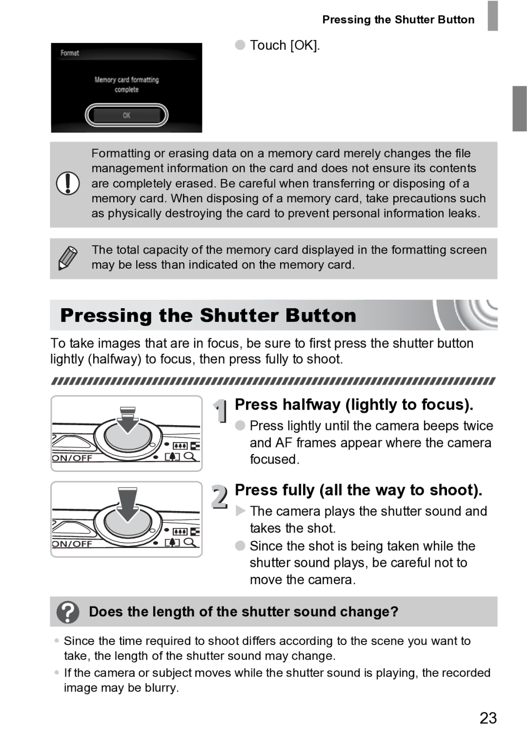 Canon 210 manual Pressing the Shutter Button, Press halfway lightly to focus, Press fully all the way to shoot, Touch OK 