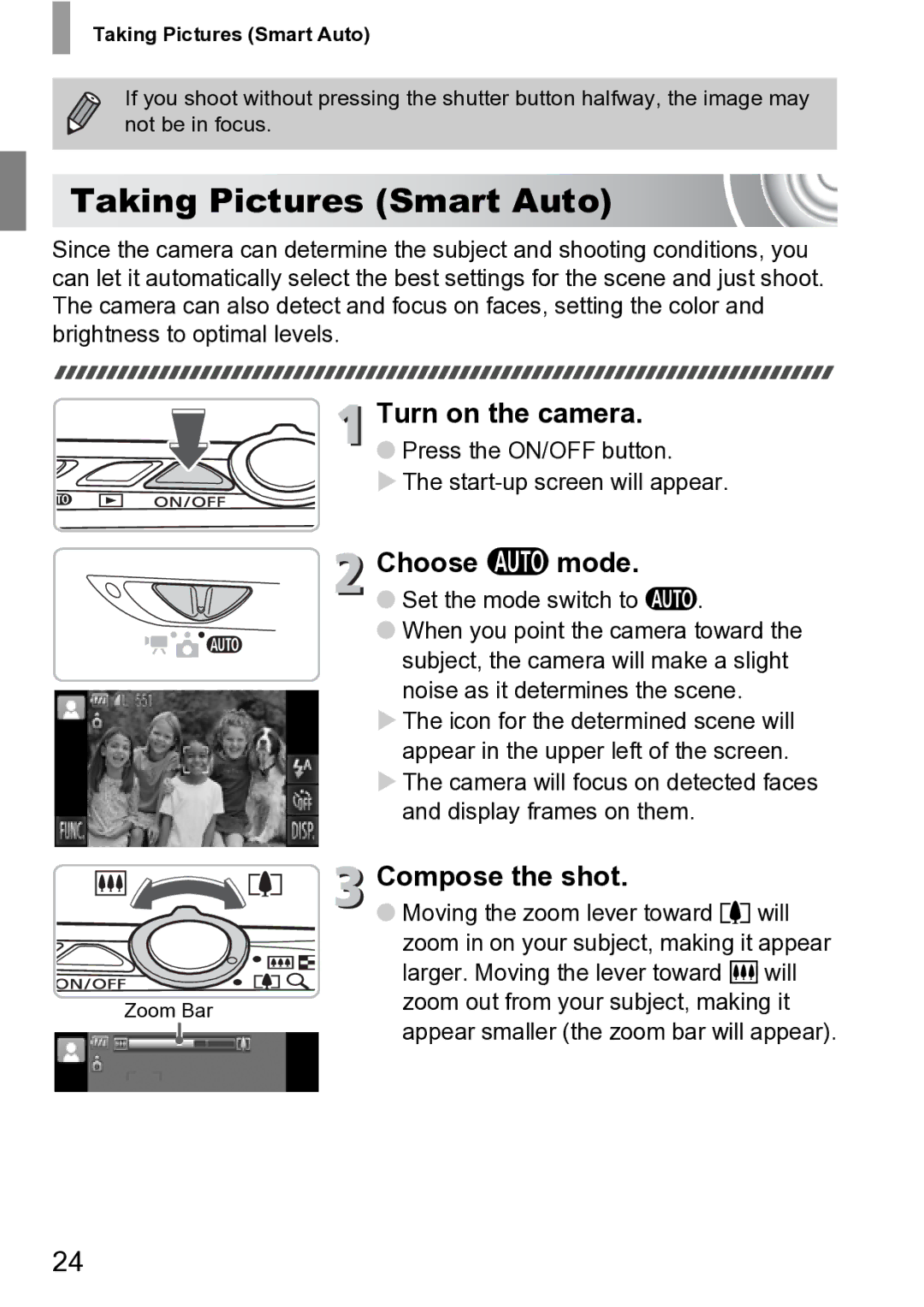 Canon 210 manual Taking Pictures Smart Auto, Choose a mode, Compose the shot 