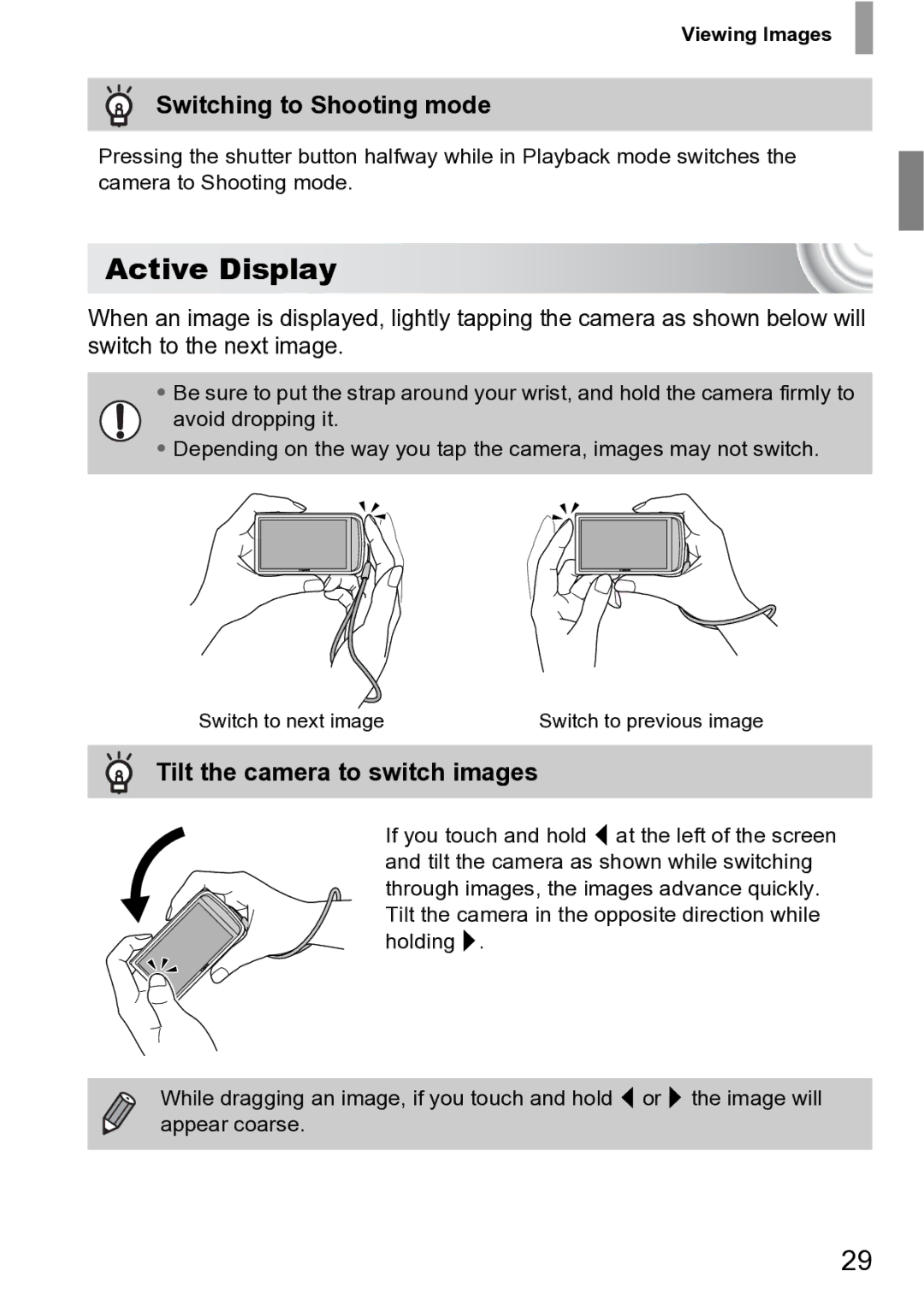 Canon 210 manual Active Display, Switching to Shooting mode, Tilt the camera to switch images, Viewing Images 