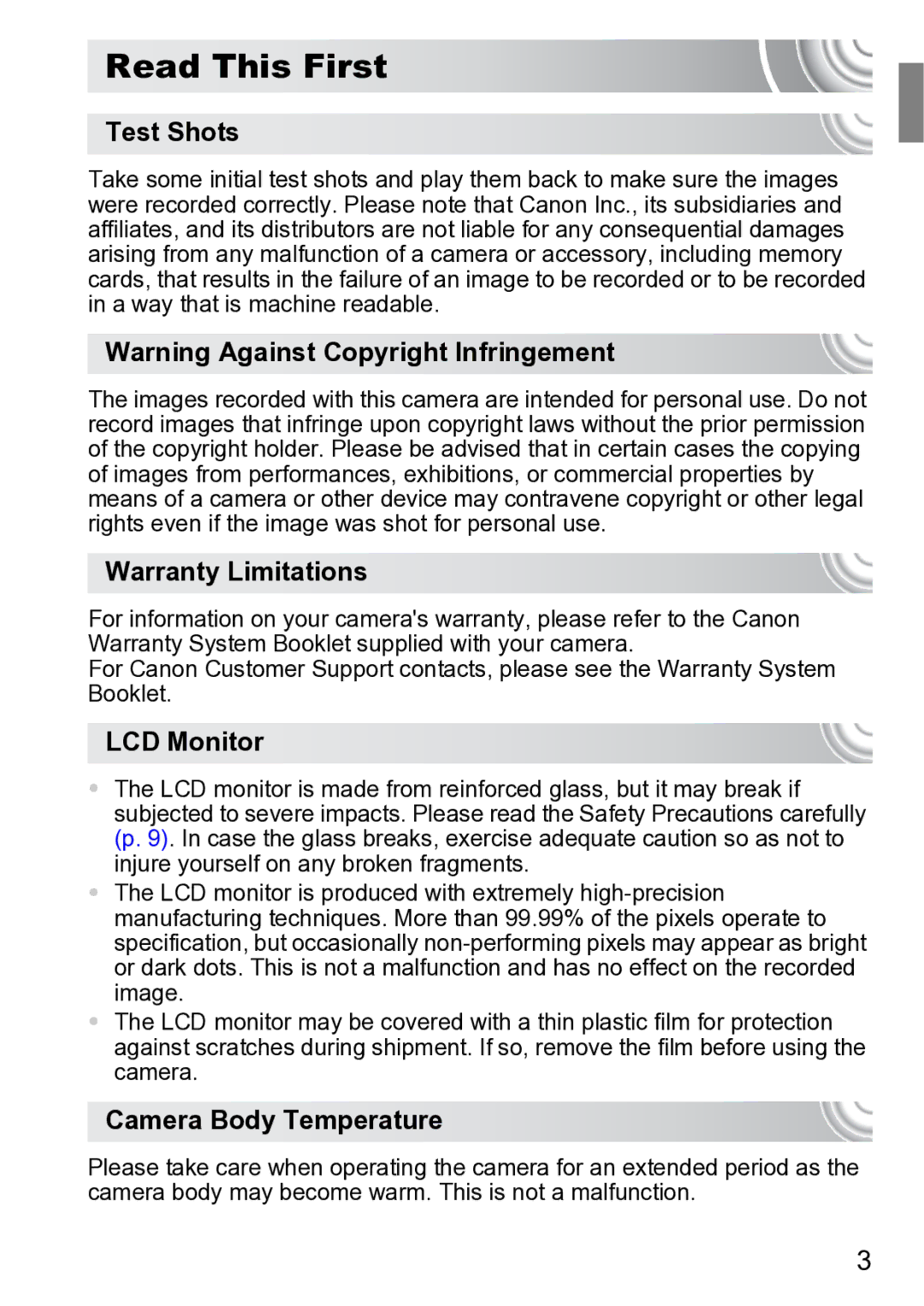 Canon 210 manual Read This First, Test Shots, Warranty Limitations, LCD Monitor, Camera Body Temperature 