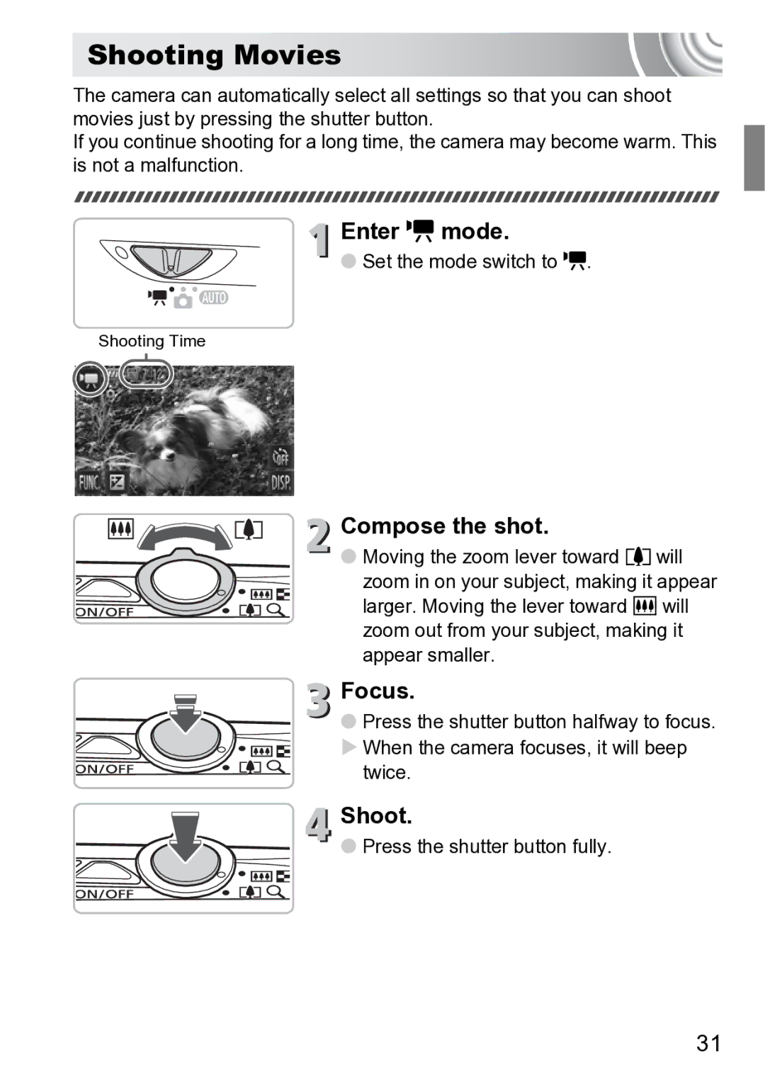 Canon 210 manual Shooting Movies, Enter E mode, Set the mode switch to E, Twice 