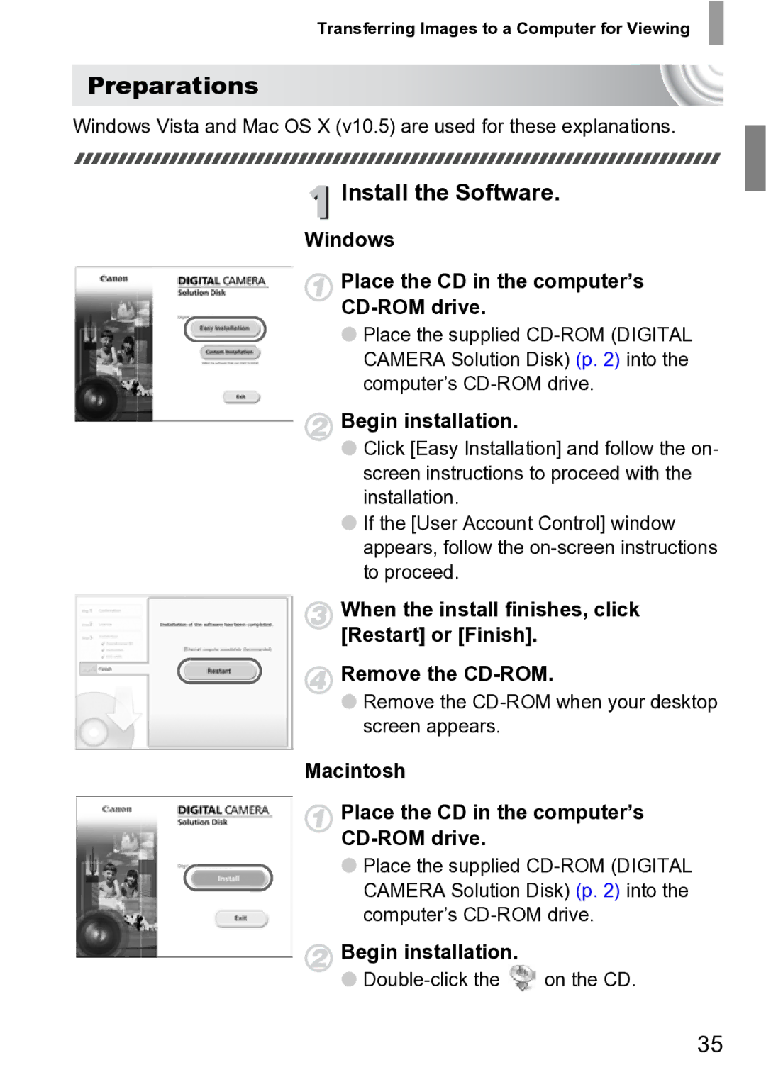 Canon 210 Preparations, Install the Software, Windows Place the CD in the computer’s CD-ROM drive, Begin installation 