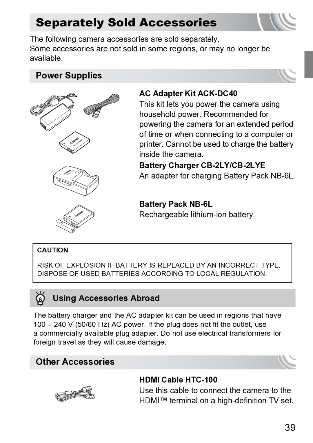 Canon 210 manual Separately Sold Accessories, Power Supplies, Using Accessories Abroad, Other Accessories 