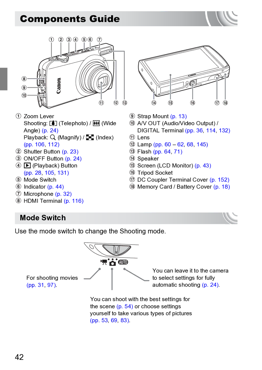 Canon 210 manual Components Guide, Mode Switch, Use the mode switch to change the Shooting mode 