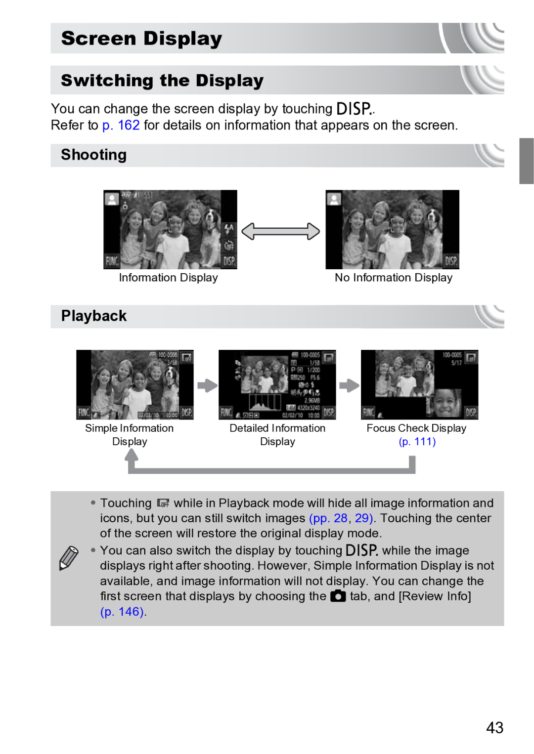 Canon 210 manual Screen Display, Switching the Display, Shooting, Playback 